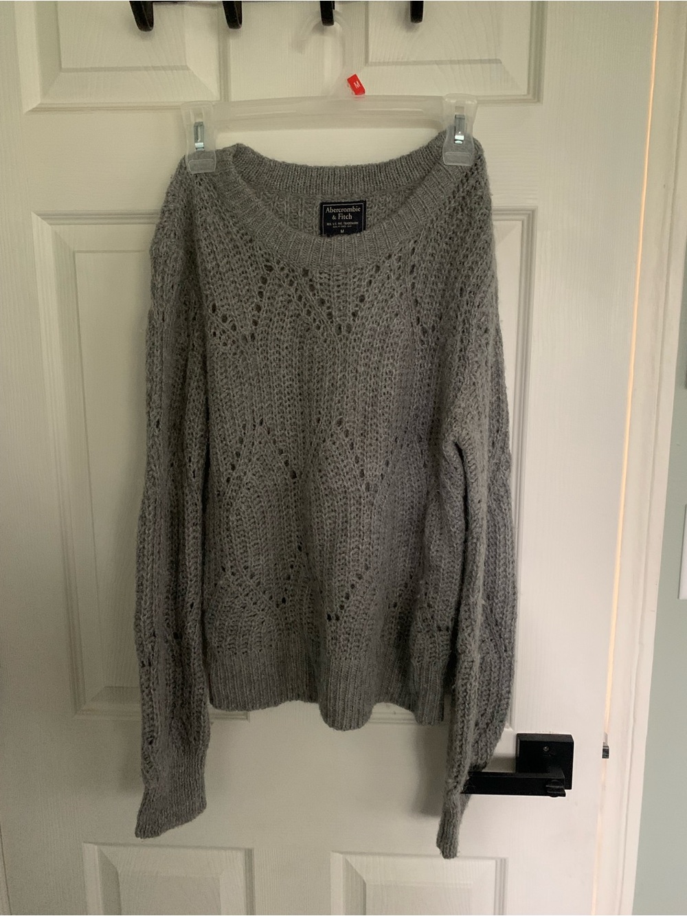 Abercrombie & Fitch Light Gray Pointelle Balloon-sleeved Crew Neck Sweater